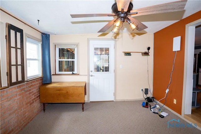 317 E Rosewood Ave, Defiance, OH 43512 - exercise room featuring carpet flooring, brick wall, and a ceiling fan