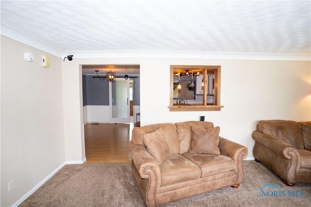 317 E Rosewood Ave, Defiance, OH 43512 - carpeted living area featuring ornamental molding and a chandelier