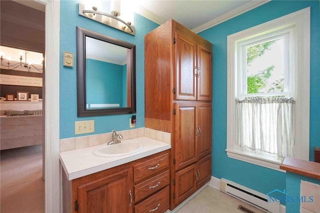 10549 Cygnet Rd, Cygnet, OH 43413 - bathroom featuring a chandelier, vanity, ornamental molding, and a baseboard radiator