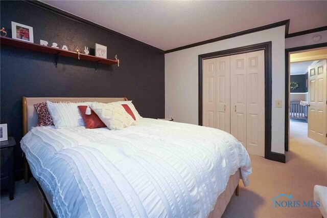 10549 Cygnet Rd, Cygnet, OH 43413 - bedroom featuring crown molding, light carpet, and a closet