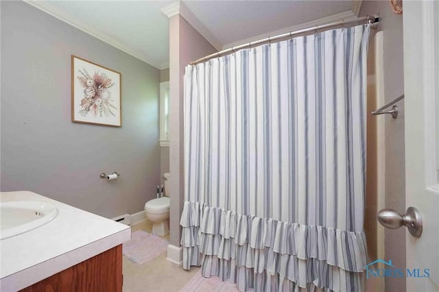 10549 Cygnet Rd, Cygnet, OH 43413 - full bathroom with vanity, ornamental molding, a baseboard heating unit, and a shower with curtain