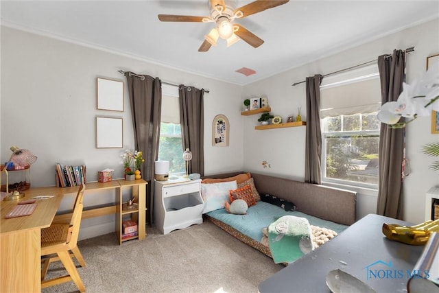 3418 Kirkwall Rd, Toledo, OH 43606 - bedroom with light carpet, crown molding, and a ceiling fan