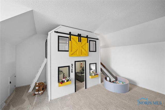 3005 Springwood St, Oregon, OH 43616 - recreation room with lofted ceiling, carpet floors, and a textured ceiling