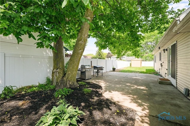 3005 Springwood St, Oregon, OH 43616 - fenced backyard with a patio area and a storage shed