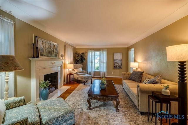 4146 Northmoor Rd, Ottawa Hills, OH 43606 - living room featuring wood finished floors, a fireplace with flush hearth, and arched walkways