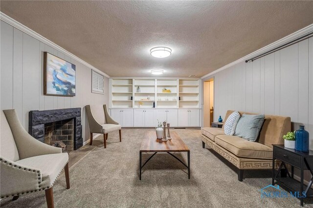 4146 Northmoor Rd, Ottawa Hills, OH 43606 - living room with ornamental molding, light carpet, a decorative wall, a high end fireplace, and a textured ceiling