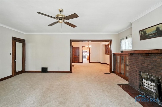 1452 Rollins Rd, Toledo, OH 43612 - unfurnished living room with ornamental molding, carpet, a chandelier, and ceiling fan