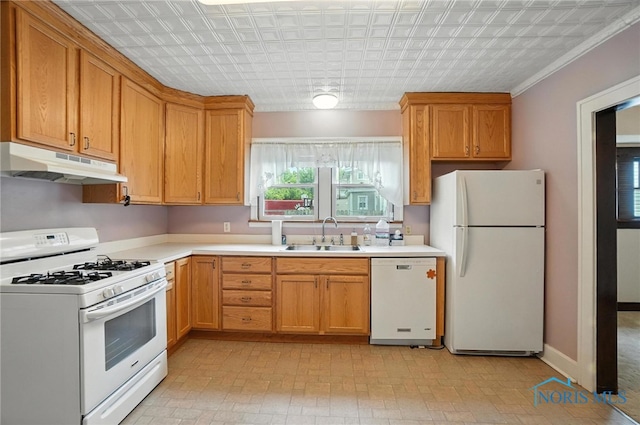 1452 Rollins Rd, Toledo, OH 43612 - kitchen featuring white appliances, under cabinet range hood, an ornate ceiling, and light countertops