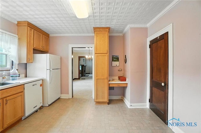 1452 Rollins Rd, Toledo, OH 43612 - kitchen featuring white appliances, light countertops, a chandelier, ornamental molding, and an ornate ceiling