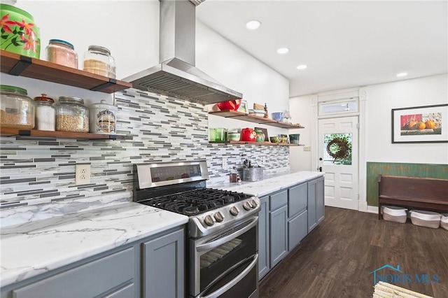301 S High St, Pandora, OH 45877 - kitchen with range with two ovens, open shelves, range hood, gray cabinets, and dark wood finished floors