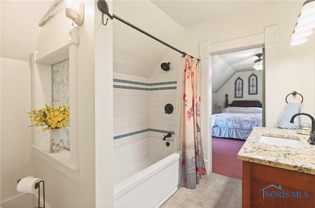 301 S High St, Pandora, OH 45877 - ensuite bathroom with vaulted ceiling, shower / tub combo, a ceiling fan, and vanity