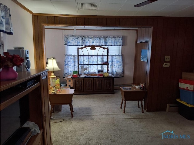 10 Edgewater, Toledo, OH 43611 - sitting room with carpet floors, wood walls, ceiling fan, and baseboard heating