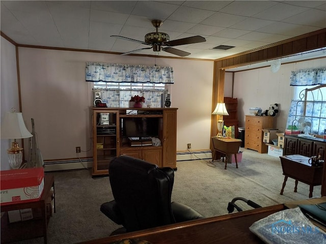10 Edgewater, Toledo, OH 43611 - carpeted living area with a baseboard heating unit, a ceiling fan, a desk, and crown molding
