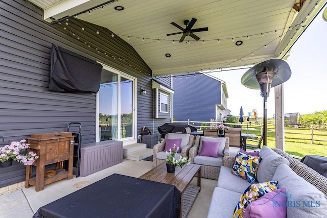 5539 Harris Hawk Ln, Sylvania, OH 43560 - wooden deck featuring an outdoor living space, a ceiling fan, a grill, and entry steps