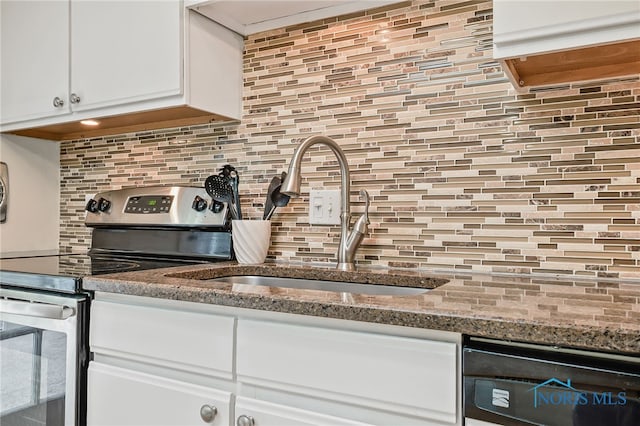 6961 Convent Blvd, Sylvania, OH 43560 - kitchen featuring stainless steel electric stove, dishwasher, decorative backsplash, and white cabinetry
