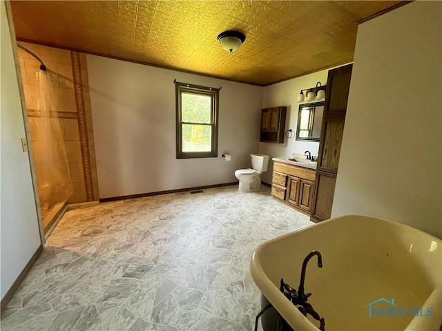 107 N Maple St, Payne, OH 45880 - bathroom featuring stone finish floors, a freestanding bath, vanity, and a tile shower