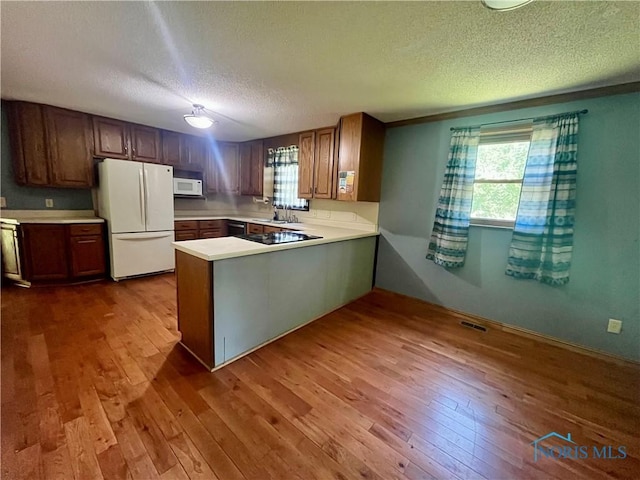 107 N Maple St, Payne, OH 45880 - kitchen with white appliances, a textured ceiling, light countertops, and dark wood finished floors