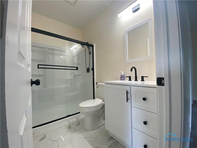 5240 Rambo Ln, Toledo, OH 43623 - full bathroom featuring a shower stall, marble look tiles, and vanity