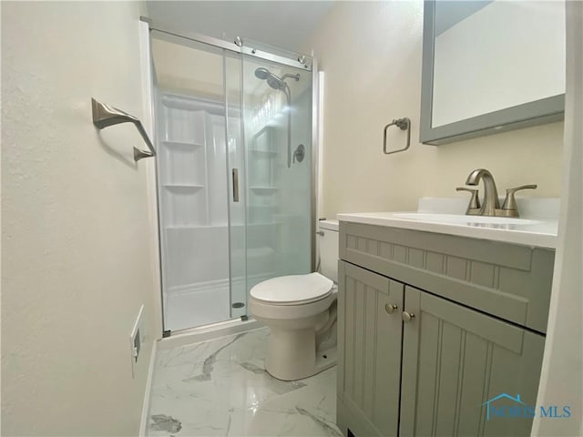 5240 Rambo Ln, Toledo, OH 43623 - full bathroom with marble look tiles, a shower stall, and vanity