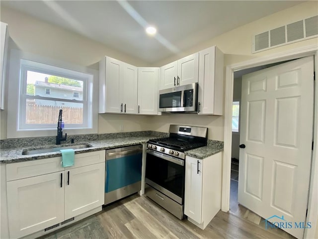 5240 Rambo Ln, Toledo, OH 43623 - kitchen featuring stainless steel appliances, light wood finished floors, healthy amount of natural light, and white cabinets