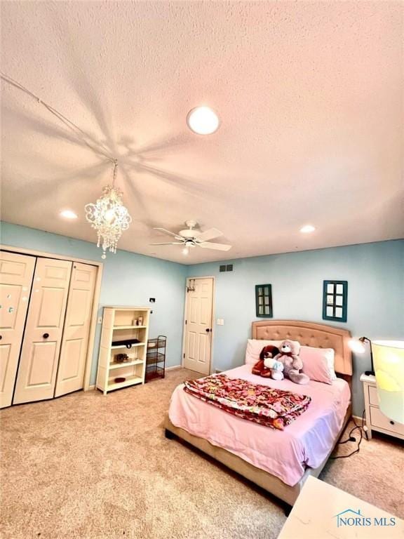 2720 Derby Rd, Ottawa Hills, OH 43615 - bedroom with carpet floors, a textured ceiling, recessed lighting, a chandelier, and a ceiling fan