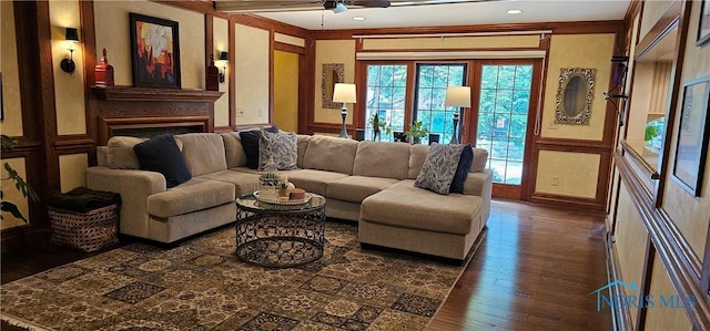 2720 Derby Rd, Ottawa Hills, OH 43615 - living area with wood finished floors, a ceiling fan, crown molding, and recessed lighting