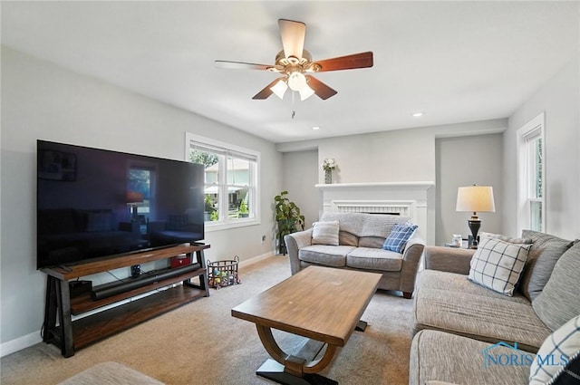 845 Oak Knoll Dr, Perrysburg, OH 43551 - living area featuring ceiling fan, light colored carpet, recessed lighting, and a fireplace