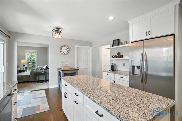 845 Oak Knoll Dr, Perrysburg, OH 43551 - kitchen featuring stainless steel refrigerator with ice dispenser, open shelves, white cabinetry, dark wood-style floors, and recessed lighting