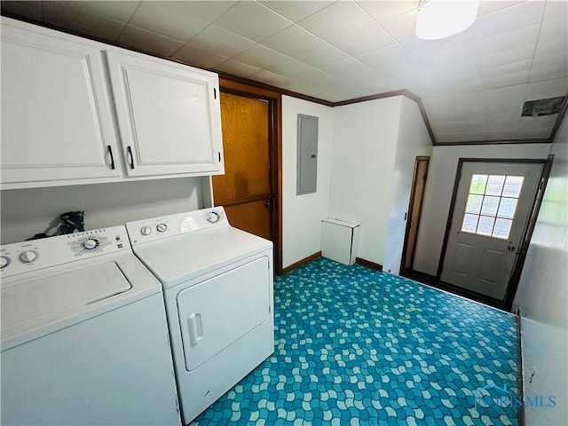 714 Westwood Dr, Defiance, OH 43512 - laundry room with cabinet space, electric panel, separate washer and dryer, and dark carpet