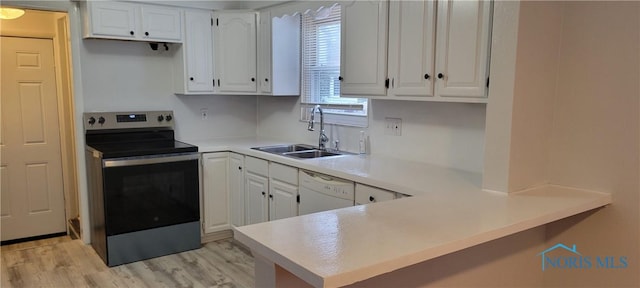 2550 Secor Rd, Toledo, OH 43606 - kitchen featuring electric range, white dishwasher, white cabinetry, and light wood-type flooring