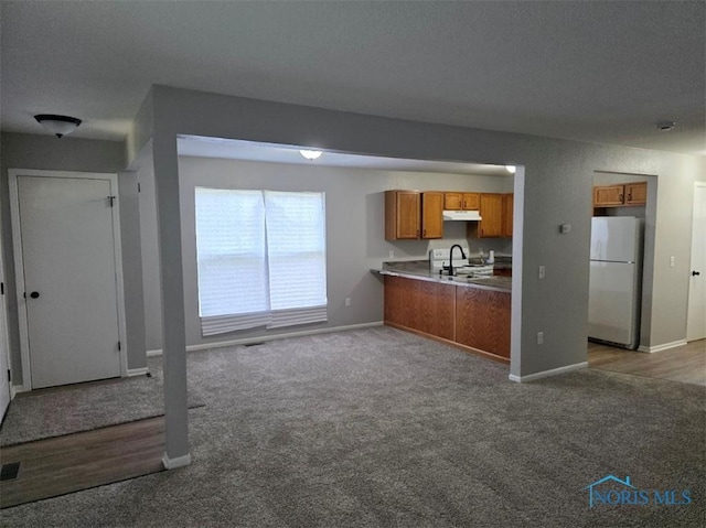 1311 Fitchland Ave, Toledo, OH 43606 - kitchen featuring freestanding refrigerator, brown cabinetry, under cabinet range hood, carpet floors, and open floor plan