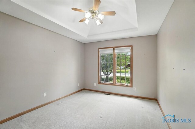 8076 Trent Lock Dr, Waterville, OH 43566 - spare room with a tray ceiling, carpet, and a ceiling fan