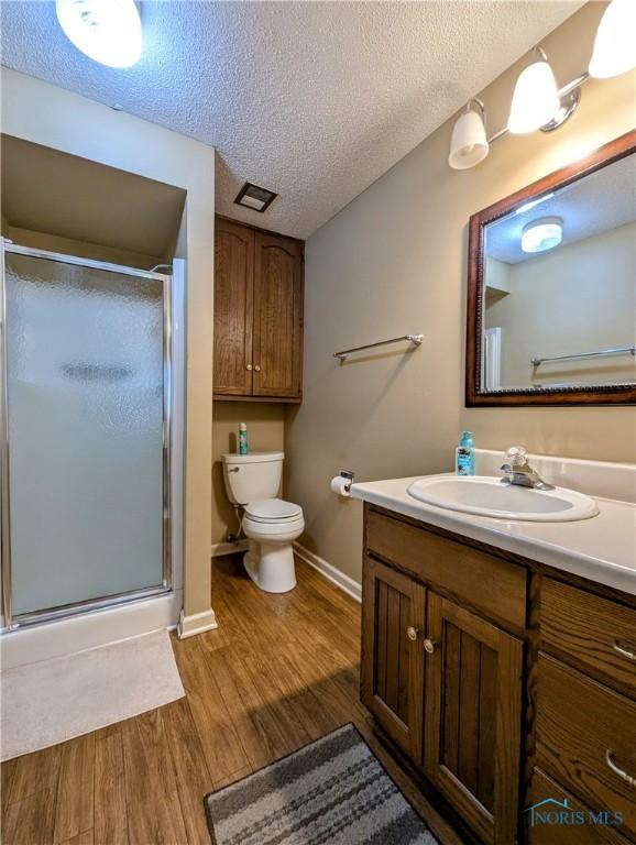 209 Hawthorn Dr, Archbold, OH 43502 - full bath with vanity, a stall shower, wood finished floors, and a textured ceiling