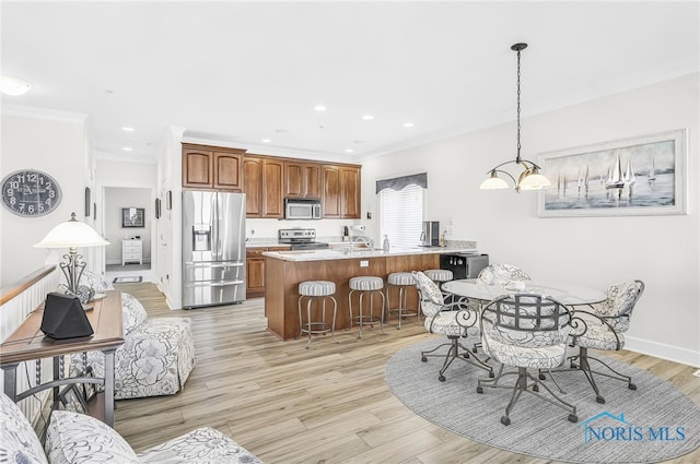 11200 E Bayshore Rd Unit D, Marblehead, OH 43440 - dining space with light wood finished floors, ornamental molding, recessed lighting, and a chandelier