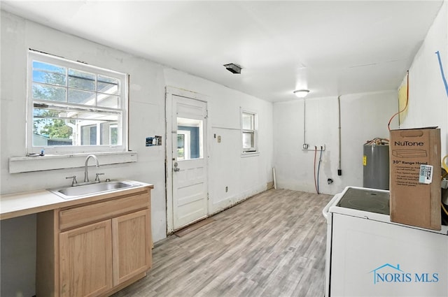 709 W Jackson St, Paulding, OH 45879 - kitchen with electric water heater, light wood-style flooring, light brown cabinets, electric range, and light countertops