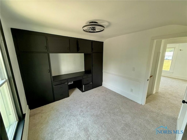 335 E N St, Mcclure, OH 43534 - unfurnished bedroom with light colored carpet, lofted ceiling, and an office area