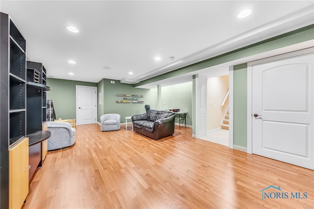 9701 Preakness Ln, Whitehouse, OH 43571 - living room with stairs, light wood-type flooring, and recessed lighting