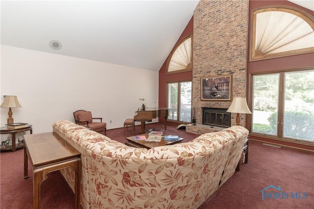 5303 Spring Crk, Sylvania, OH 43560 - living room with carpet, high vaulted ceiling, and a fireplace