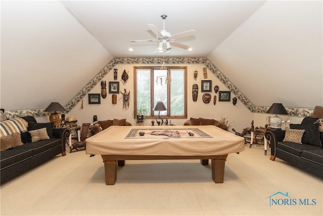 5303 Spring Crk, Sylvania, OH 43560 - playroom with carpet floors, ceiling fan, vaulted ceiling, and billiards table