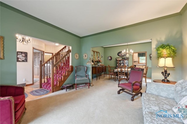 706 Grandview Ct, Elmore, OH 43416 - carpeted living area with a chandelier, stairs, and ornamental molding