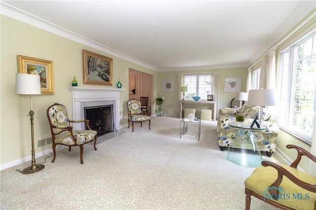 2403 Hempstead Rd, Ottawa Hills, OH 43606 - living room featuring carpet flooring, a fireplace with flush hearth, and ornamental molding