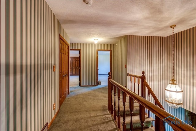 6608 Inglewood Dr, Holland, OH 43528 - hall featuring wallpapered walls, carpet floors, a textured ceiling, and an upstairs landing