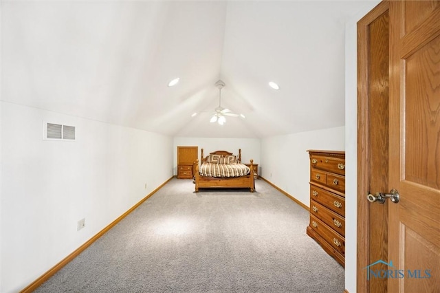 586 N State Route 587, Fostoria, OH 44830 - bedroom featuring carpet floors, vaulted ceiling, recessed lighting, and ceiling fan