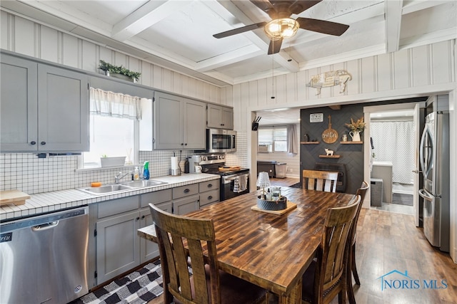 18735 Wall St, Tontogany, OH 43565 - kitchen with appliances with stainless steel finishes, gray cabinets, tasteful backsplash, coffered ceiling, and healthy amount of natural light
