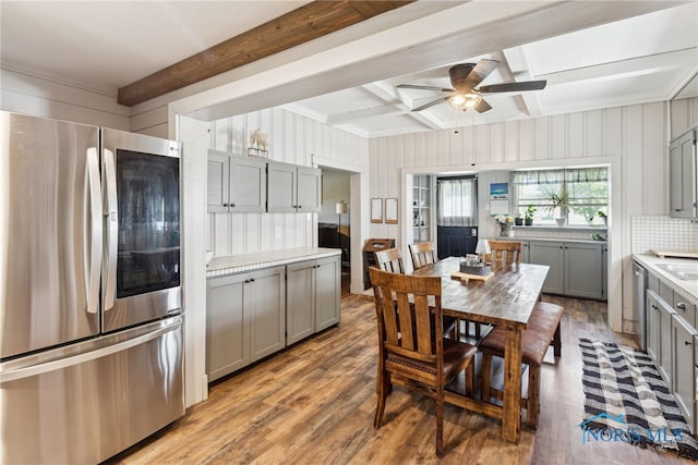 18735 Wall St, Tontogany, OH 43565 - kitchen with smart refrigerator, gray cabinets, light wood finished floors, light countertops, and beam ceiling