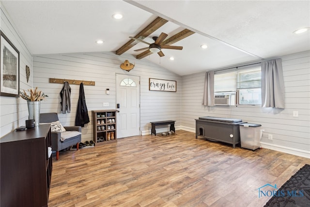 18735 Wall St, Tontogany, OH 43565 - living area with ceiling fan, wood finished floors, wooden walls, recessed lighting, and cooling unit