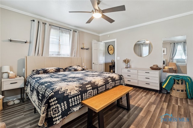 18735 Wall St, Tontogany, OH 43565 - bedroom featuring wood finished floors, multiple windows, crown molding, and a ceiling fan
