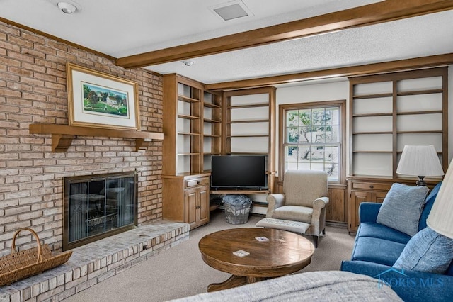 5941 Indian Trl, Sylvania, OH 43560 - carpeted living room featuring beamed ceiling, a fireplace, and built in features