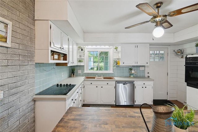 12982 State Route 34, Bryan, OH 43506 - kitchen with black appliances, open shelves, white cabinetry, and tasteful backsplash