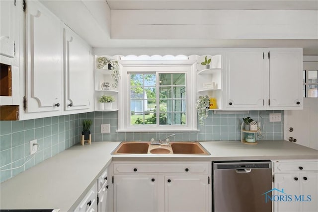 12982 State Route 34, Bryan, OH 43506 - kitchen with dishwasher, open shelves, white cabinetry, and light countertops